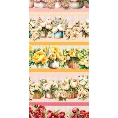 Imagem de Tecido tricoline digital barrado com Estampa Floral, Peônias em Vasos e Cestas, Listras Coloridas, Rosa Amarelo Bege 55cm x 150cm 10 faixas
