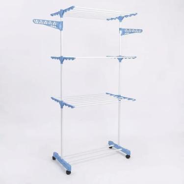 Imagem de Varal de Chão 3 Andares Dobrável Portátil - Organizador de Roupas com Rodinhas e Suporte para Cabides (BRANCO COM AZUL)