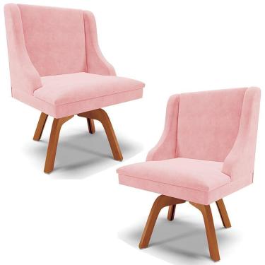 Imagem de Kit 2 Cadeiras Decorativas Sala De Jantar Base Giratória De Madeira Firenze Suede Rosa Bebê/natural G19 - Gran Belo
