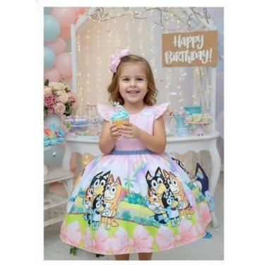Imagem de Vestido Infantil Rosa Desenho Bluey Colorido Disney Festas - Mali Modi