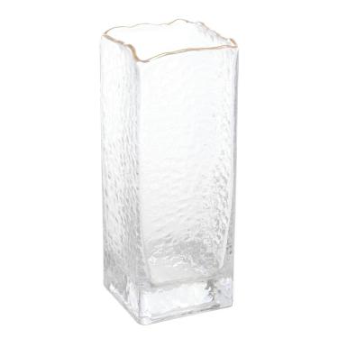 Imagem de Vaso Decorativo de Vidro Martelado Transparente C/Borda Dourada Taj 25x8cm Wolff
