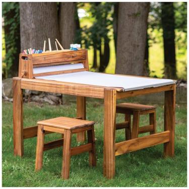 Imagem de Mesa de arte infantil externa Guidecraft Acadia Natural em madeira acácia com 2 bancos, caddy e rolo de papel