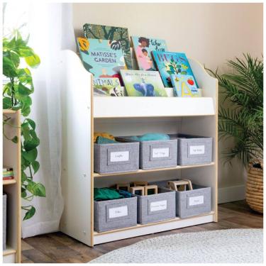 Imagem de Estante infantil Guidecraft EdQ Book and Bin Browser Branca com exibição de livros e 6 caixas de tecido 91cm