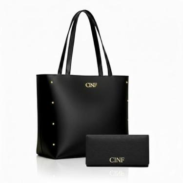 Imagem de Kit Bolsa Feminina Sacola Grande De Ombro E Carteira - CINF, Preto