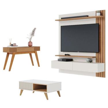 Imagem de Painel para Tv Home Suspenso Juriti 1.5 com Mesa de Centro Jeri Off White Matte Freijó e Aparador Riviera Freijó - Colibri