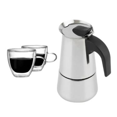 Imagem de Cafeteira Italiana Moka 450ml + 2 Canecas Vidro Duplo 120ml - Kadê