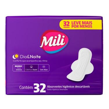 Imagem de Absorvente Mili Dia e Noite Cobertura Suave com Abas 32 Unidades