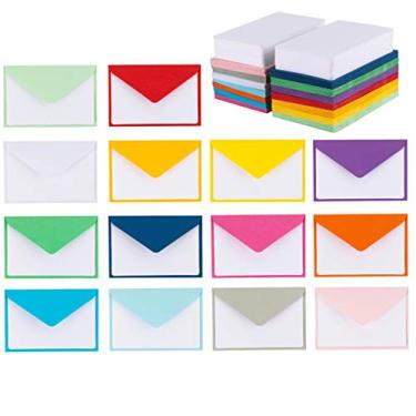 Imagem de 140 mini envelopes com cartões brancos em branco, mini envelopes 10 x 6,9 cm para cartões de visita, cartões de presente (cores sortidas)..