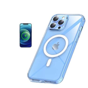 Imagem de Capa transparente magnética, MAKASI compatível com MagSafe, capa protetora ultrafina de policarbonato rígido com bordas de TPU macio, para iPhone 13 Pro Max, capa de 16,7 cm - transparente