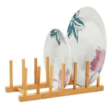 Imagem de Suporte Display Porta 6 Pratos Bambu Bancada Cozinha Prato