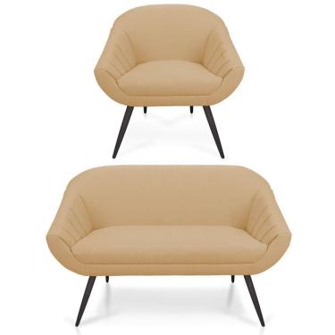 Imagem de Kit 01 Namoradeira 02 Lugares E 01 Poltrona Giovana Linho Areia A27 Pés Palito De Ferro