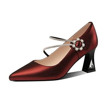 Imagem de TinaCus Sapato escarpim feminino de couro legítimo feito à mão com fivela floral salto médio grosso gracioso, Borgonha, 9