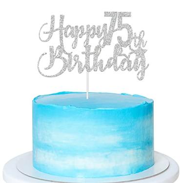 Imagem de Topo de bolo de 75 anos Happy Purpurina prateada - Topo de bolo de aniversário de 75 anos, decoração de festa de aniversário de 75 anos