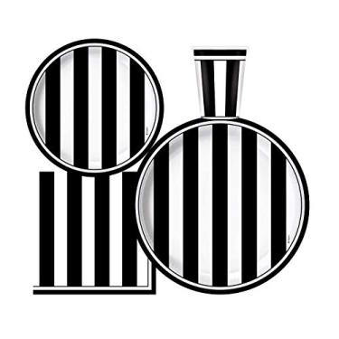 Imagem de Serve 30 | Pacote completo de festa | Artigos de festa preto e branco | pratos de papel de jantar de 22,86 cm | pratos de papel de sobremesa de 17,78 cm | copos de 255 ml | 3 guardanapos | Tema preto e branco