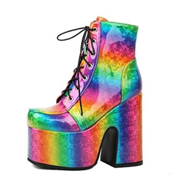 Imagem de Botas femininas plataforma no tornozelo Chunky Block gótico com cadarço salto alto punk motocicleta botas de combate,Green,9 UK/42 EU