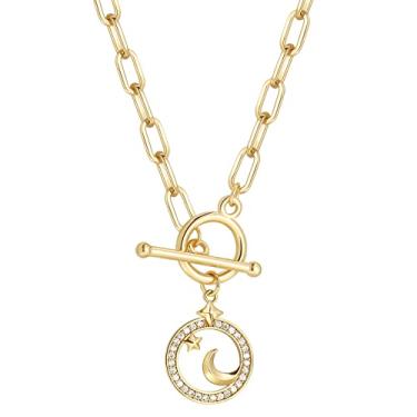 Imagem de Colar de corrente de clipe de papel de ouro 18 K para mulheres e meninas - fecho de barra banhado a ouro com pingente de estrela da lua crescente, colar de clipe de papel para mulheres,