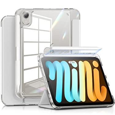 Imagem de INFILAND Capa para iPad mini 7, iPad mini 7ª (A17 Pro)/6ª geração 21.1 cm 2024/2021, parte traseira transparente e capa protetora de couro PU com suporte para lápis suporta carregamento sem fio, prata