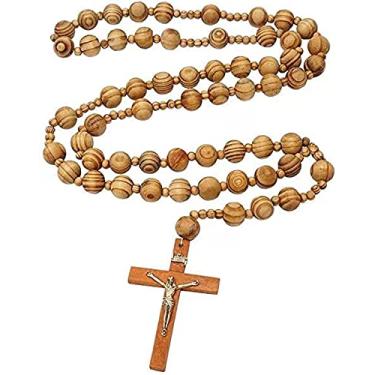 Imagem de Rosário de parede com contas grandes gigantes Rosário de madeira natural Jesus cruz de metal GG grande 101,6 cm