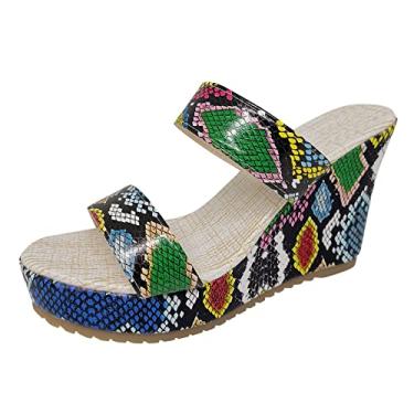 Imagem de Sandálias de plataforma para mulheres sandálias de plataforma abertas sapatos de cunha com estampa de pele de cobra sandálias de cunha (azul, 35)