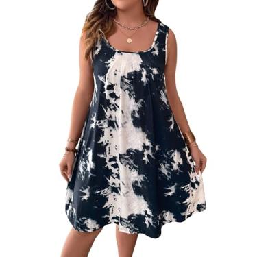 Imagem de OYOANGLE Vestido feminino plus size tie dye, sem mangas, gola redonda, comprimento até o joelho, vestido casual regata, Azul, branco, 3X-Large Plus