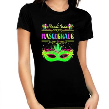 Imagem de Camisetas femininas Mardi Gras Máscara de baile de máscaras Mardi Gras Mardi Gras Mardi Gras roupa de Mardi Gras, Preto, Small