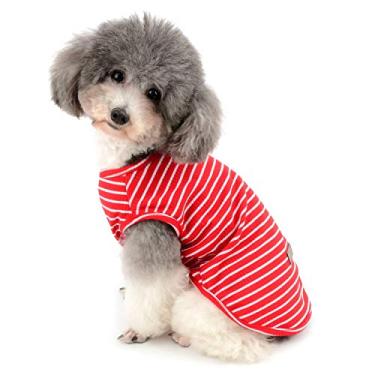 Imagem de Zunea Roupas para cães de estimação camisas camiseta de cachorro colete verão legal regata listrada camiseta roupas algodão macio respirável gatos vestuário para cães pequenos menina menino vermelho M