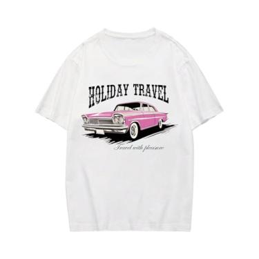 Imagem de WDIRARA Camiseta masculina de manga curta e gola redonda com estampa gráfica de carta de carro, Letra rosa branca, M