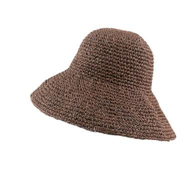 Imagem de Chapéu de palha feminino verão chapéu de sol viseira chapéu bucket boné praia Strawhat, Café, 55-59cm