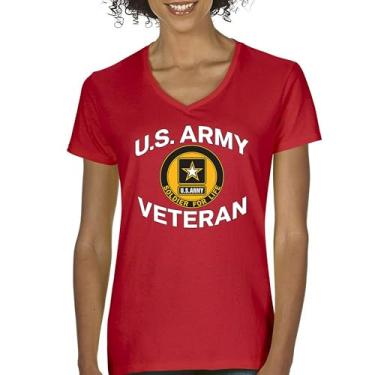 Imagem de Camiseta feminina US Army Veteran Soldier for Life com gola V orgulho militar DD 214 Patriotic Armed Forces Gear Licenciada, Vermelho, M