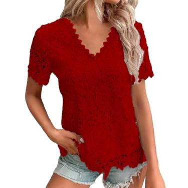 Imagem de Blusas femininas de malha de renda para treino plus size manga curta Y2K blusas de algodão camisetas boho túnica de festa, Vermelho, P