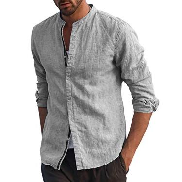 Imagem de Runcati Camisas masculinas de linho com botões, manga comprida, gola mandarim casual, modelagem regular, Cinza, GG