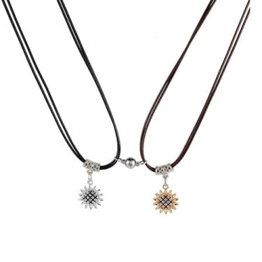 Imagem de Colar de girassol pequeno com bola combinando, flor do sol, corrente de couro preto, gargantilha para presente de dia dos namorados, presente para casais, melhores amigos, presente, Zinco, Sem Pedra