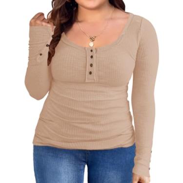 Imagem de Camisetas femininas plus size Henley manga longa com botões túnica blusa solta tops gola canoa camisas de malha canelada, Caqui, GG Plus Size