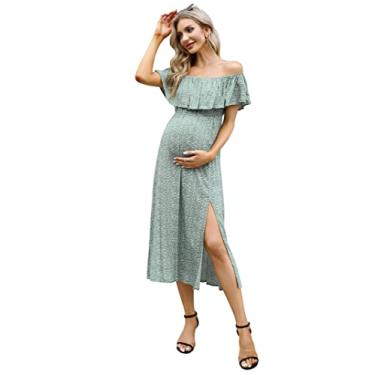 Imagem de Vestido de maternidade feminino, tomara que caia, tomara que caia, evasê, casual, maxi vestido fotográfico para chá de bebê, Floral verde-claro, G