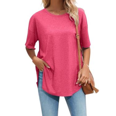 Imagem de Halife Camisetas femininas grandes de verão, gola redonda, manga curta, bainha curvada, básica, casual, solta, túnica, Vermelho melancia, G