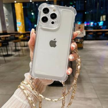 Imagem de Capa de silicone à prova de choque para iPhone 15 14 13 12 11 Pro Max X XR XS 7 8 Plus Capa de corrente de couro com cordão crossbody, transparente, para 11ProMax