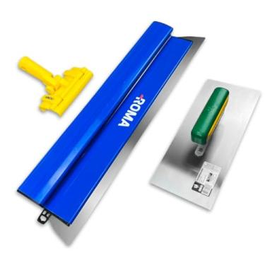 Imagem de Desempenadeira Aço Inoxidável 60cm Suporte Alongador Universal Roma + Galo Lisa 113 Para Massa Corrida Profissional Kit