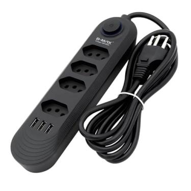 Imagem de Filtro De Linha Extensão Régua Tomada Com 4 Tomadas E 3 Entradas USB Cabo De 2 Metros 110-220V Potência de 2500W (preto)