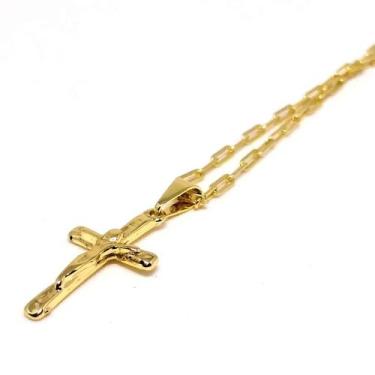 Imagem de Cordão Corrente Elos Cadeado Banhada Ouro Crucifixo Relevo - Lova