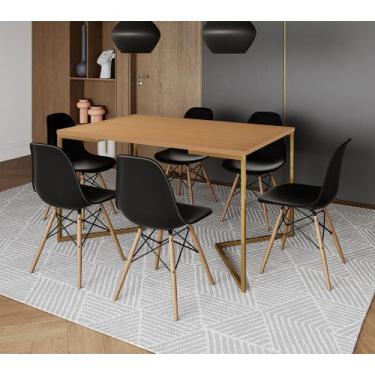 Imagem de Mesa Jantar Industrial Retangular 137x90cm Canela Base V Dourada com 6