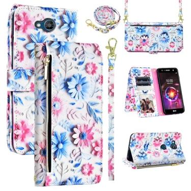 Imagem de Dswteny Capa carteira para LG X Charge/Fiesta 2 LTE/X Power 3/X5/LV7 com alça de pulso, alça de ombro, zíper de couro floral, suporte de cartão, capa para celular para LG-M322 XPower 2 SP320 M327 M322