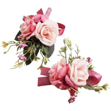 Imagem de Alizeal Conjunto de 2 peças de corpete de pulso e flor na lapela, acessórios de flores artificiais para decoração de casamento, baile, festa de formatura, cerimônia de baile, rosa claro + coral