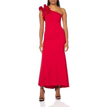Imagem de Xscape Vestido feminino longo de um ombro só com babados e crepe (padrão e pequeno), Vermelho, 15 Petite