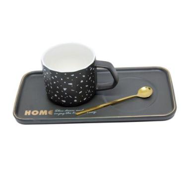 Imagem de Kit Xícara Com Travessa Porcelana Granulite Cinza Home e Colher Dourad