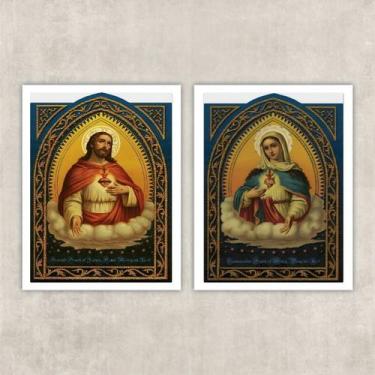 Imagem de Kit 2 Quadros Sacros Coração De Jesus E Maria 45x34cm - com vidro - Qu