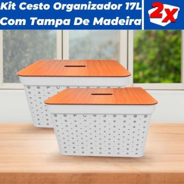 Imagem de Kit 2 Cestos Organizadores Armários Gavetas 17L Com Tampa De Madeira -
