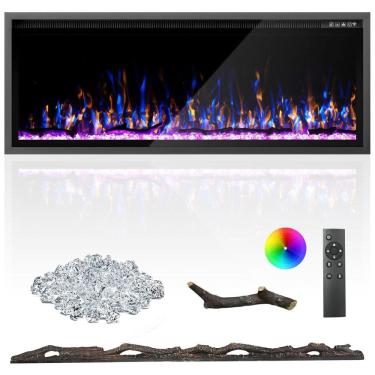 Imagem de Lareira Elétrica de 127 cm, Ultrafina, Embutida ou de Parede, Troncos, Madeira Flutuante ou Cristais, Controle Remoto, Termostato, Timer,Kucreiheat