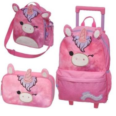 Imagem de Kit Mochila Rodinhas Squishmallows Lola Lancheira Estojo Unicórnio Menina Rosa Escolar Pacific-Feminino