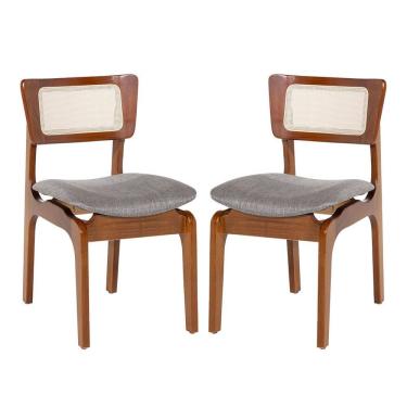 Imagem de Kit 2 Cadeiras de Jantar Portugal em Madeira Imbuia Tela Rattan Linho Cinza L55