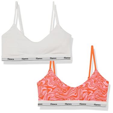 Imagem de Hanes Pacote de sutiã feminino Originals Cropped, sutiãs de algodão elástico respirável, pacote com 2, Estampa redemoinho vermelho rosa/branco, P